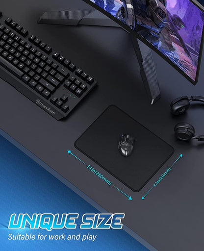 Premium Stitched Edge Computer Mouse Pad, Washable Micro-Weave Gaming Mouse Mat for Office and Home, Non-Slip Rubber Base, Black